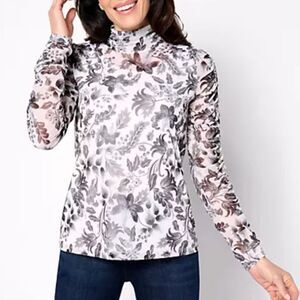 Susan Graver top ruched long sleeve mesh sheer floral abstract mock neck sz 2x
